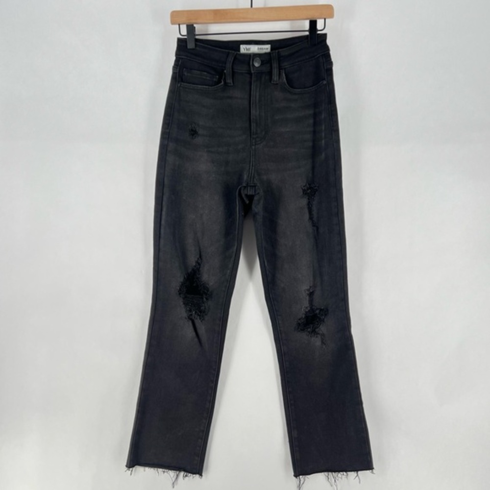 YMI Dream Stretch Black Denim Ripped Distressed Cutoff Crop Straight Leg Jean
